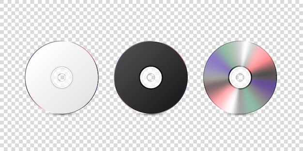 Векторный 3d реалистичный белый черный и многоцветный CD DVD крупным планом изолирован на прозрачном фоне шаблон дизайна для макета копирования пространства вид спереди