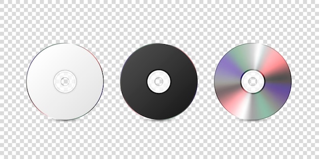 ベクトル3dリアルな白黒とマルチカラーCDDVDクローズアップモックアップコピースペース正面図の透明な背景デザインテンプレートに分離