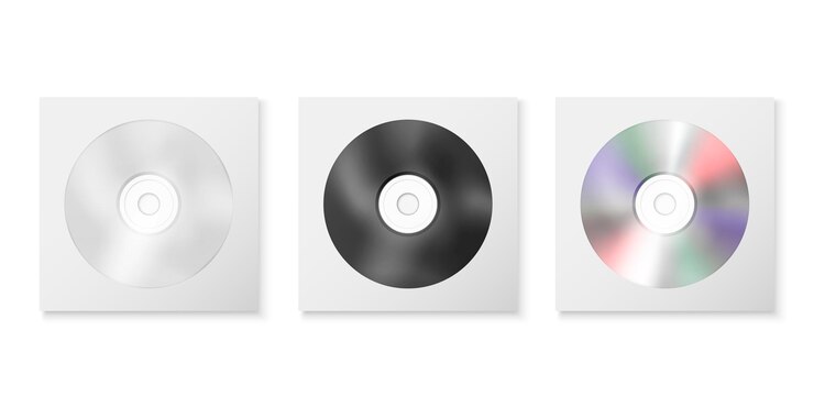 Vector vector 3d realistic white black and multicolor cd dvd in paper plastic case package envelope set closeup isolated on white background design template for mockup copy space top view