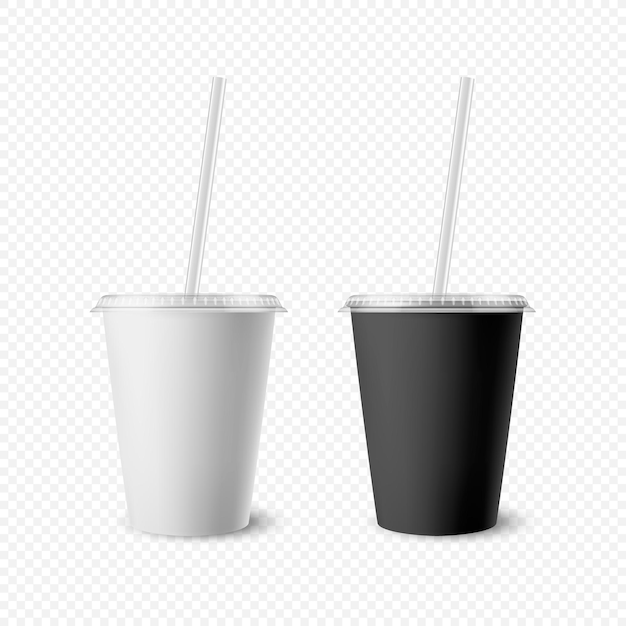 Vector vector 3d realistic white black paper disposable cup set with lid straw for beverage drinks isolated coffee soda tea cocktail milkshake design template of packaging for mockup front view