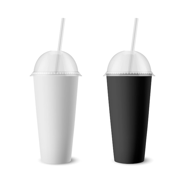 Vector vector 3d realistic white black paper disposable cup set with lid straw for beverage drinks isolated coffee soda tea cocktail milkshake design template of packaging for mockup front view