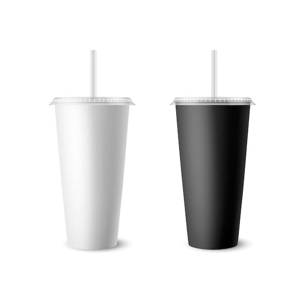 Vector 3d realistic white black paper disposable cup set with lid straw for beverage drinks isolated coffee soda tea cocktail milkshake design template of packaging for mockup front view