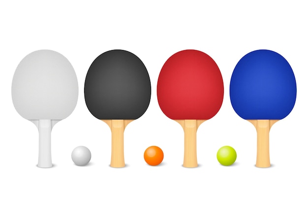 Vettore vettore 3d realistico bianco nero rosso blu racchetta da ping pong e bianco arancione verde palla icona set isolato su bianco attrezzatura sportiva per ping pong modello di disegno illustrazione stock
