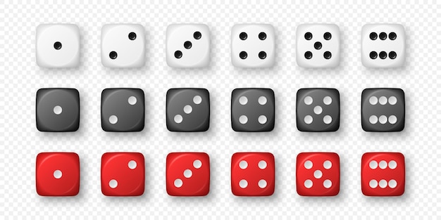 Vettore vettore 3d realistico bianco nero rosso gioco dice icon set closeup isolato gioco cubes per il gioco d'azzardo casinò dice da uno a sei punti bordi rotondi