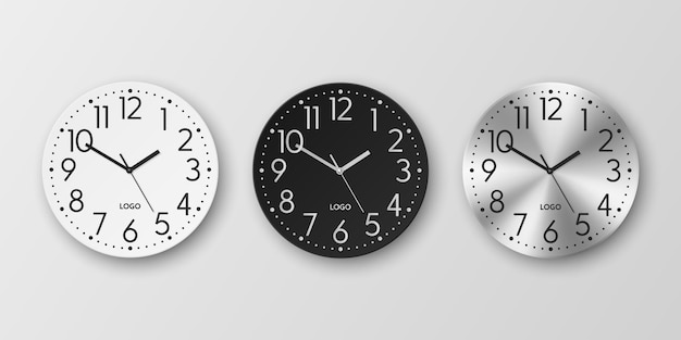 Vector vector 3d realistic white black silver round wall office clock icon set design template isolated dial mockup of wall clock for branding and advertise isolated clock face design