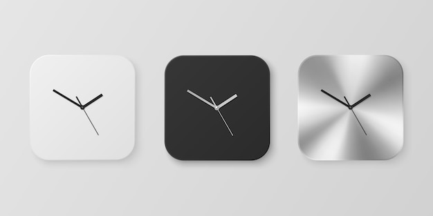 벡터 3d 현실적인 흰색 검정 및 Slver 또는 크롬 강철 벽 사무실 시계 아이콘 세트 브랜딩 및 전면 광고 광고를 위한 벽시계 얼굴 근접 촬영 모형의 격리된 디자인 템플릿을 설정합니다.