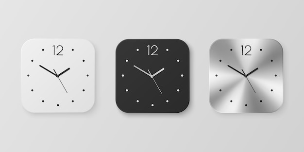 ベクトル 3 d 現実的な白黒と Slver またはクロム スチール ウォール オフィス時計アイコン セット分離デザイン テンプレート壁時計の顔クローズ アップ モックアップのブランディングと広告正面図