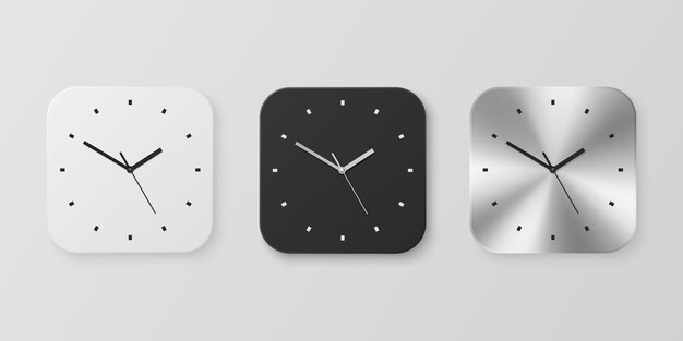 ベクトル 3 d 現実的な白黒と Slver またはクロム スチール ウォール オフィス時計アイコン セット分離デザイン テンプレート壁時計の顔クローズ アップ モックアップのブランディングと広告正面図