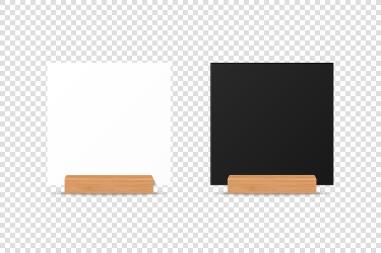 Vector vector 3d realistic white and black square blank paper sheet card on wooden holder stand
