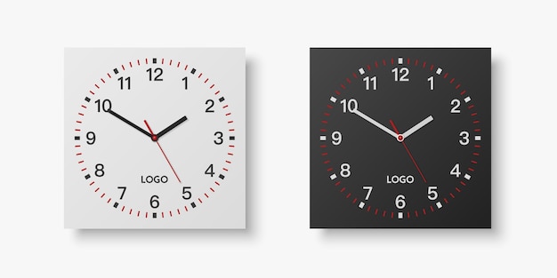 Вектор Векторные 3d реалистичные белые черные квадратные настенные офисные часы. шаблон дизайна, изолированный на белом циферблате с римскими цифрами. макет настенных часов для брендинга и рекламы. изолированный дизайн циферблата.