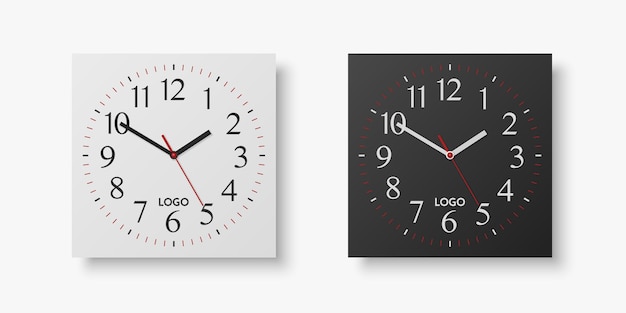 ベクトル 3 d リアルな白黒正方形壁オフィス時計セット デザイン テンプレートを白い文字盤にローマ数字のモックアップをブランディングし、分離時計の文字盤のデザインを宣伝するための壁時計のモックアップに分離
