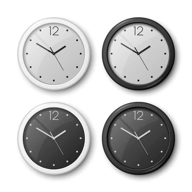 Vettore vector 3d realistico bianco nero orologio da parete ufficio set di icone isolato quadrante bianco quadrante nero modello di progettazione di orologio da parete closeup mockup per branding e pubblicità vista dall'alto o frontale