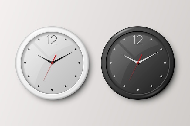 Векторные 3d реалистичные белые и черные настенные офисные часы Набор изолированных белых и черных циферблатов Дизайн шаблона настенных часов Макет крупным планом для брендинга вид спереди