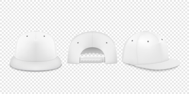 Vector vector 3d realistic white blank baseball cap snapback cap icon set closeup isolated on transparent background design template mockup for branding advertise front back side view