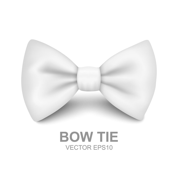 Vector 3d Realistic White Bow Tie Icon Closeup Isolated on White Background Silk Glossy Bowtie Tie Gentleman Mockup Design Template Bow tie for Man Mens Fashion Fathers Day Holiday