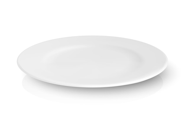 Вектор Вектор 3d реалистичная белая пустая фарфоровая керамическая тарелка с отражением крупным планом, изолированным на белом фоне шаблон дизайна для макета фондовый вектор иллюстрация вид спереди сверху сбоку