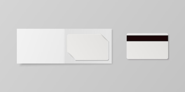 Vector vector 3d realistic white guest room plastic hotel apartment keycard id card sale credit card with magnetic strip design template with paper cover case wallet for mockup branding top view