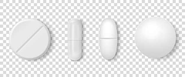 Вектор Векторный 3d реалистичный набор иконок белых медицинских таблеток крупным планом, изолированным на фоне сетки прозрачности шаблон дизайна таблеток капсулы для графики mockup medical and healthcare concept top view