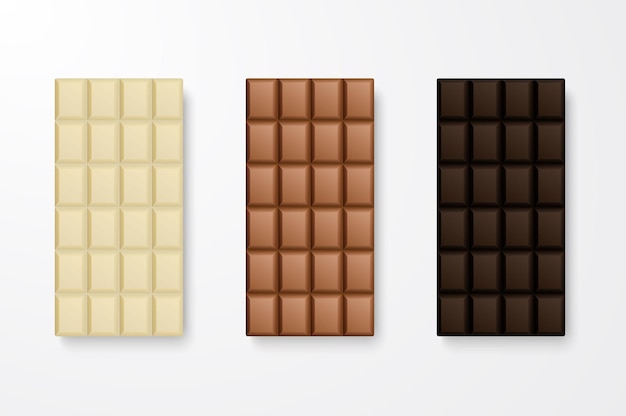 Vector 3d Realistic White Milk and Dark Black Chocolate Bar Icon Set Closeup Isolated on White Background Design Template Top View