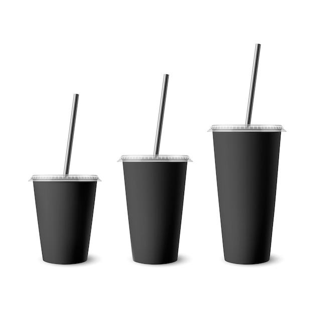 vector 3d realistic white paper disposable cup set with lid straw for beverage drinks isolated coffee soda tea cocktail milkshake juice design template of packaging for mockup front view