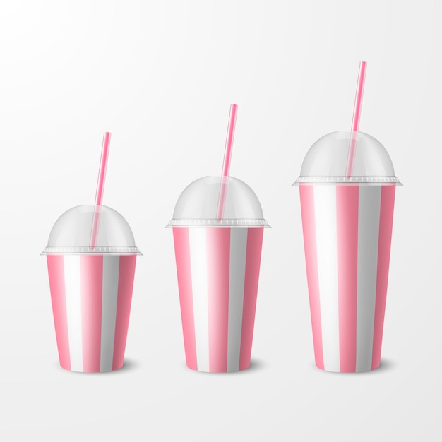 Vector 3d realistico bianco rosa a righe carta tazza usa e getta coperchio paglia bevanda bevande caffè soda tè cocktail frullato modello di progettazione di imballaggio per mockup vista frontale isolato