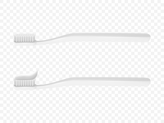 Векторная 3d реалистичная белая пластиковая пустая зубная щетка и набор иконок зубной пасты, изолированный на прозрачном фоне, дизайн шаблона, макет, стоматология, концепция гигиены здравоохранения