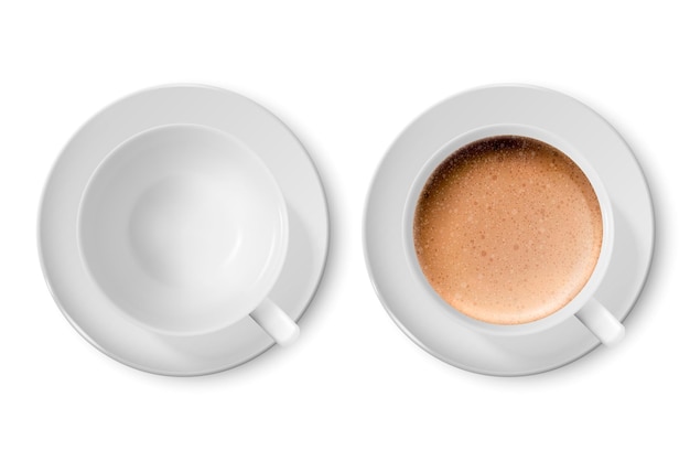 ベクトル3dリアルな白い磁器セラミックマグ空とミルクコーヒーと白い背景で隔離の泡セットカプチーノラテベクトルイラストモックアップのデザインテンプレート上面図