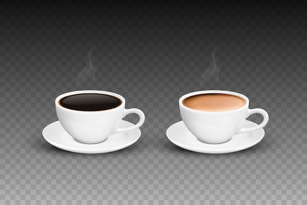 Vector 3d Realistic White Porcelain Ceramic Mug Hot Black and Milk Coffee Foam and Smoke Set Isolated Espresso Capuccino Latte Stock Vector Illustration Design Template Front View