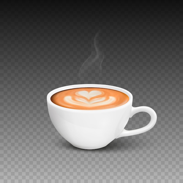 Vettore 3d realistico bianco porcellana tazza di ceramica latte caldo caffè schiuma fiore cuore modello e fumo isolato espresso cappuccino latte stock illustrazione vettoriale modello di progettazione vista frontale
