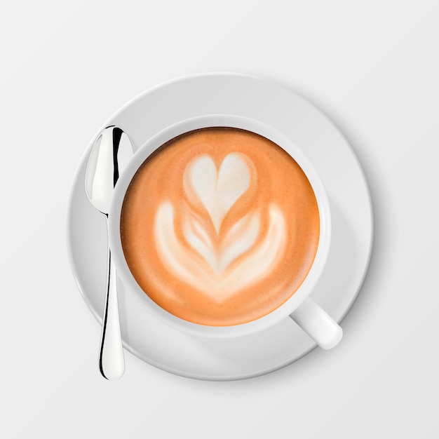 Vettore 3d realistico bianco porcellana tazza di ceramica latte caffè schiuma fiore cuore modello acciaio argento cucchiaio piattino isolato cappuccino latte modello di design per mockup vista dall'alto