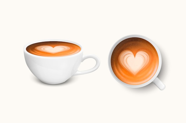 Vector 3d realistico bianco porcellana tazza di ceramica latte caffè schiuma cuore modello impostato isolato su bianco cappuccino latte stock illustrazione vettoriale modello di progettazione mockup vista dall'alto frontale