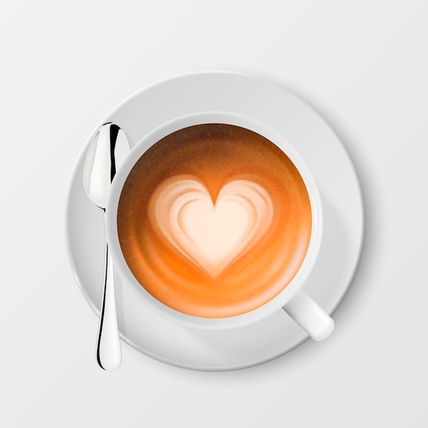 Vettore 3d realistico bianco porcellana tazza di ceramica latte caffè schiuma modello cuore acciaio argento cucchiaio piattino isolato cappuccino latte modello di progettazione per mockup vista dall'alto