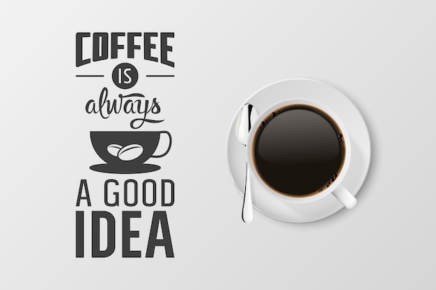 vector 3d realistic white porcelain ceramic mug with black espresso mocha isolated on white coffee cup with typography quote phrase about coffee stock illustration design template top view