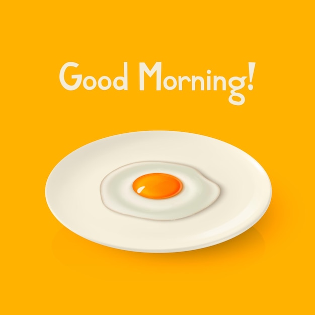 Vector 3d realistic white porcelain ceramic plate and fried egg omelette closeup on yellow background design template for mockup stock vector illustration breakfast concept front top side view