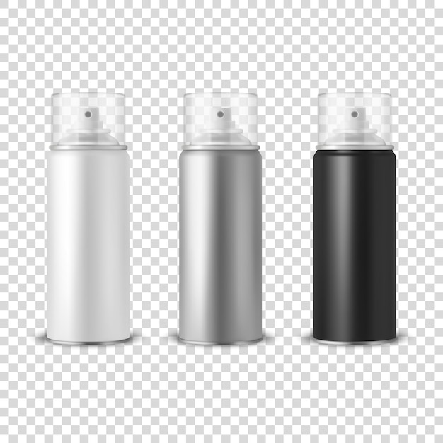 Vector 3d Realistic White Silver Black Aluminum Blank Spray Can Bottle Transparent Lid Set Isolated Design Template Sprayer Can Mock up Package Advertising Hairspray Deodorant Front View