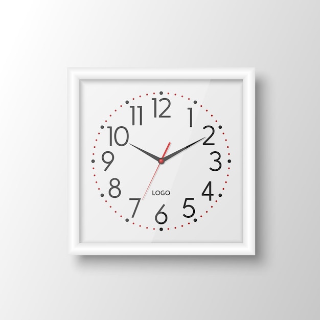 Vector vector 3d realistic white square wall office clock design template isolated white frame white dial