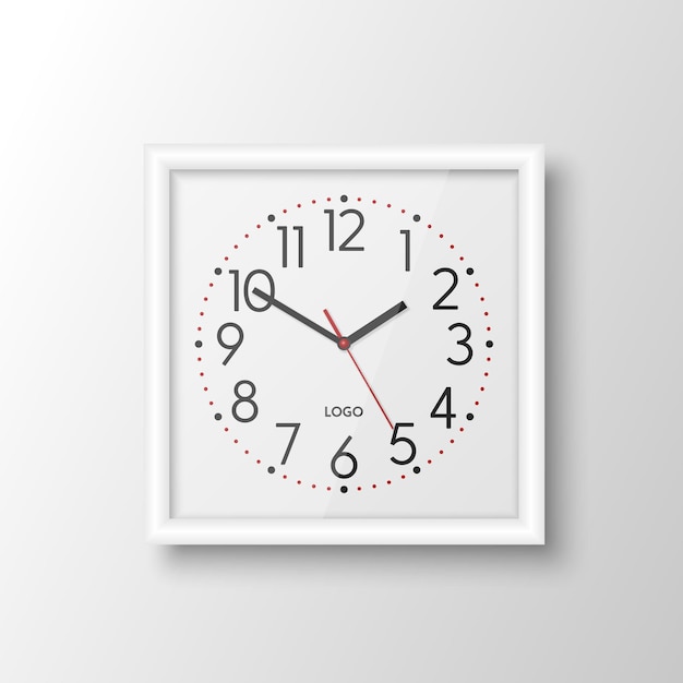 Vector 3d realistic white square wall office clock design template