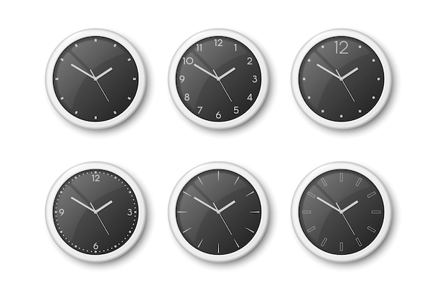 Vector 3d realistico orologio da parete bianco ufficio set di icone isolato su bianco quadrante nero modello di progettazione di orologio da parete closeup mockup per branding e pubblicità vista frontale superiore