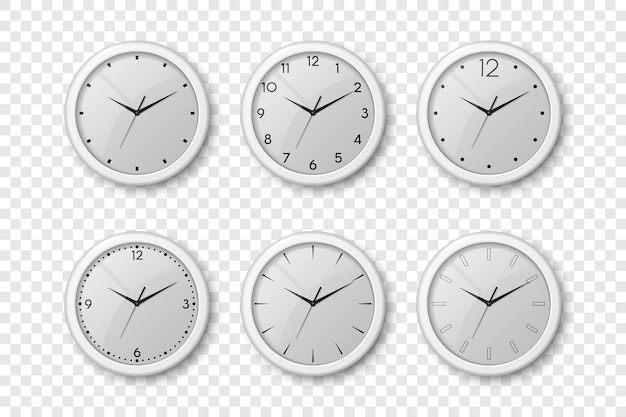 Vector vector 3d realistic white wall office clock icon set isolated white dial design template of wall clock closeup mockup for branding advertise top front view