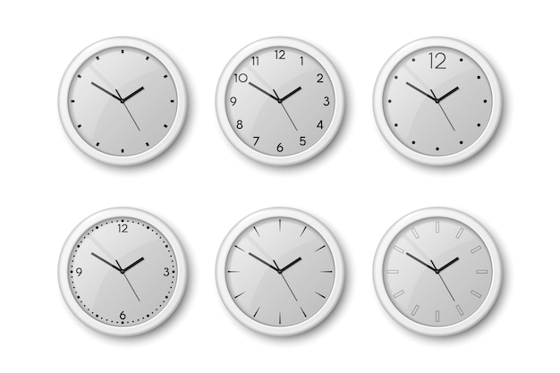 Vector 3d Realistic White Wall Office Clock Icon Set Isolated on White White Dial Design Template of Wall Clock Closeup Mockup for Branding and Advertise Top Front View