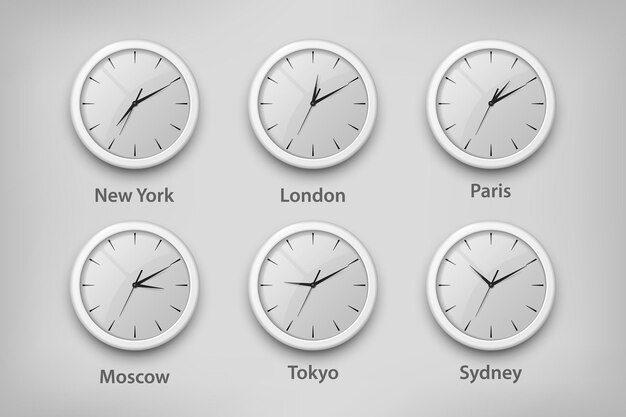 벡터 3d 현실적인 흰 벽 사무실 시계 다른 도시의 시간대를 설정합니다. 브랜딩을 위한 벽시계 시간대 모형의 흰색 다이얼 디자인 템플릿은 전면 보기를 광고합니다.