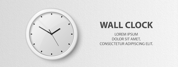 Vector vector 3d realistic white wall office clock on textured white wall background design template of office clock with white dial in interior mockup for branding