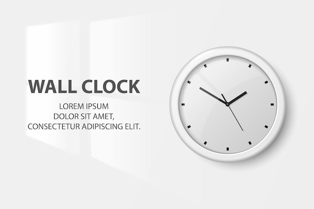 Vector 3d Realistic White Wall Office Clock on White Wall Background Light from the Window on the Wall in the Interior White Dial Design Template of Wall Clock Closeup Mockup for Branding