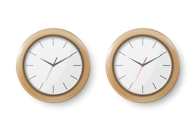 ベクトル ベクトル 3 d リアルな木製ライトブラウン壁オフィス時計アイコン セット ブランディングのための白いモックアップに分離された壁時計のクローズ アップのデザイン テンプレートと正面図を宣伝