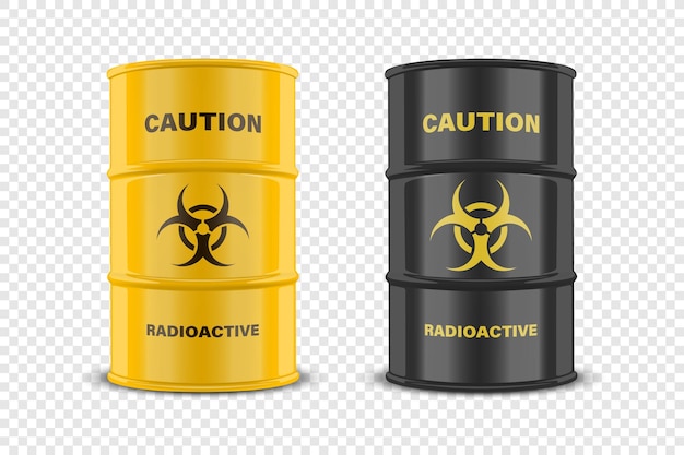 Vector 3d realistic yellow barrel hazard liquid caution radioactive hazardous chemical materials toxic pollution danger barrel set with biohazard sign closeup isolated front view