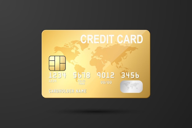 Modello di progettazione vettoriale 3d realistic yellow golden credit card on black background