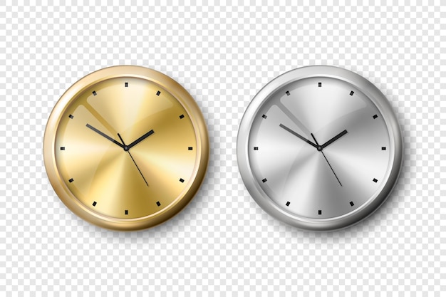 Vector 3d Realistic Yellow Golden and Grey Silver Steel Wall Office Clock Icon Set Isolated Metal Dial Design Template of Wall Clock Closeup Mockup for Branding and Advertise Top Front View