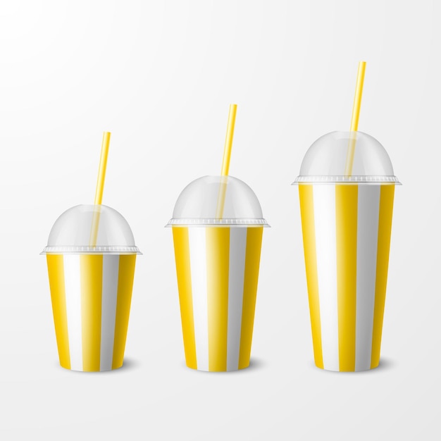 Вектор Векторный 3d реалистичный желтый полосатый бумажный одноразовый стаканчик с крышкой, соломенными напитками, напитками, кофе, содовой, чаем, коктейлем, молочным коктейлем, дизайн шаблона упаковки для макета, вид спереди, изолированный