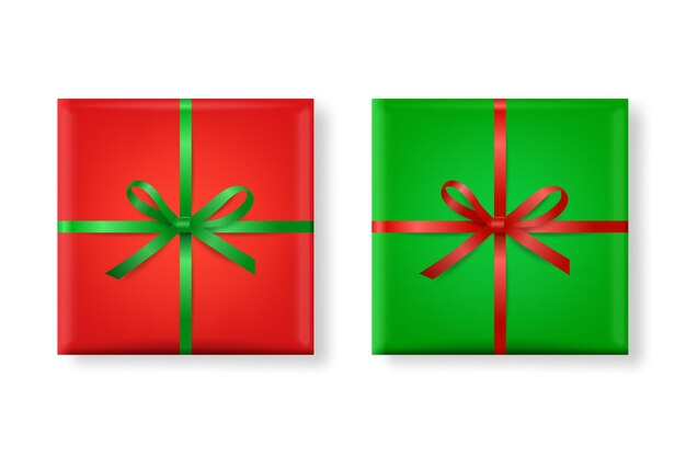 vector, 3d, realistisch, papier, groen, en, rood, xmas, cadeaudoos, boog, pictogram, set, geïsoleerde, nieuwjaar, xmas, valentijn, dag, of, jubileum, concept, motieven, mal, van, kerstcadeau, verpakken, bovenaanzicht