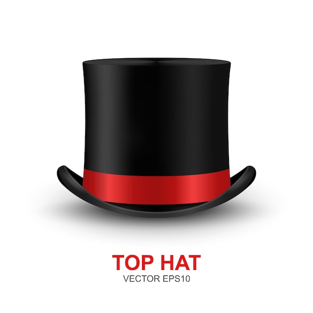 Vector vector, 3d, realistisch, retro, ouderwetse, black, hoge hoed, met, rood lint, pictogram, close-up, geïsoleerde, op wit, achtergrond